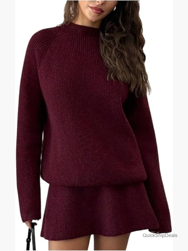Rib Knit Pullover Top With Flared Mini Skirt Set, Acrylic Blend